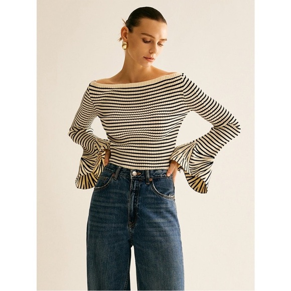 Commense Tops - Commense NWT Striped Off-Shoulder Top with Flared Sleeves